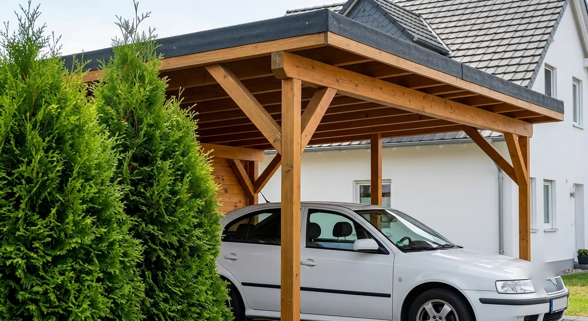 Holz-Carport mit Flachdach vor einem Wohnhaus