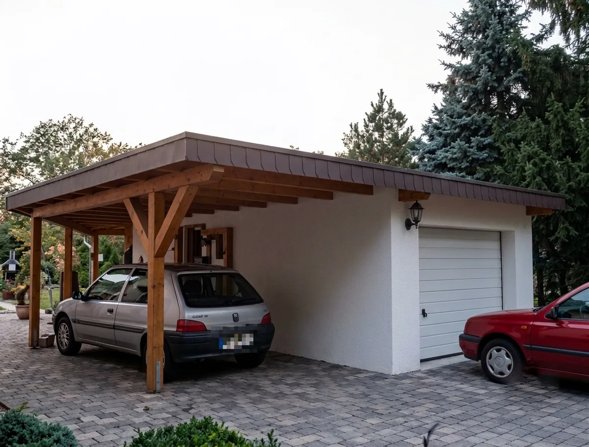 Holz-Carport neben einer verputzten Garage