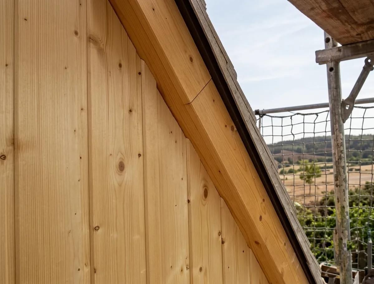 Detail einer neu verlegten Holzschalung mit Blick ins Umland