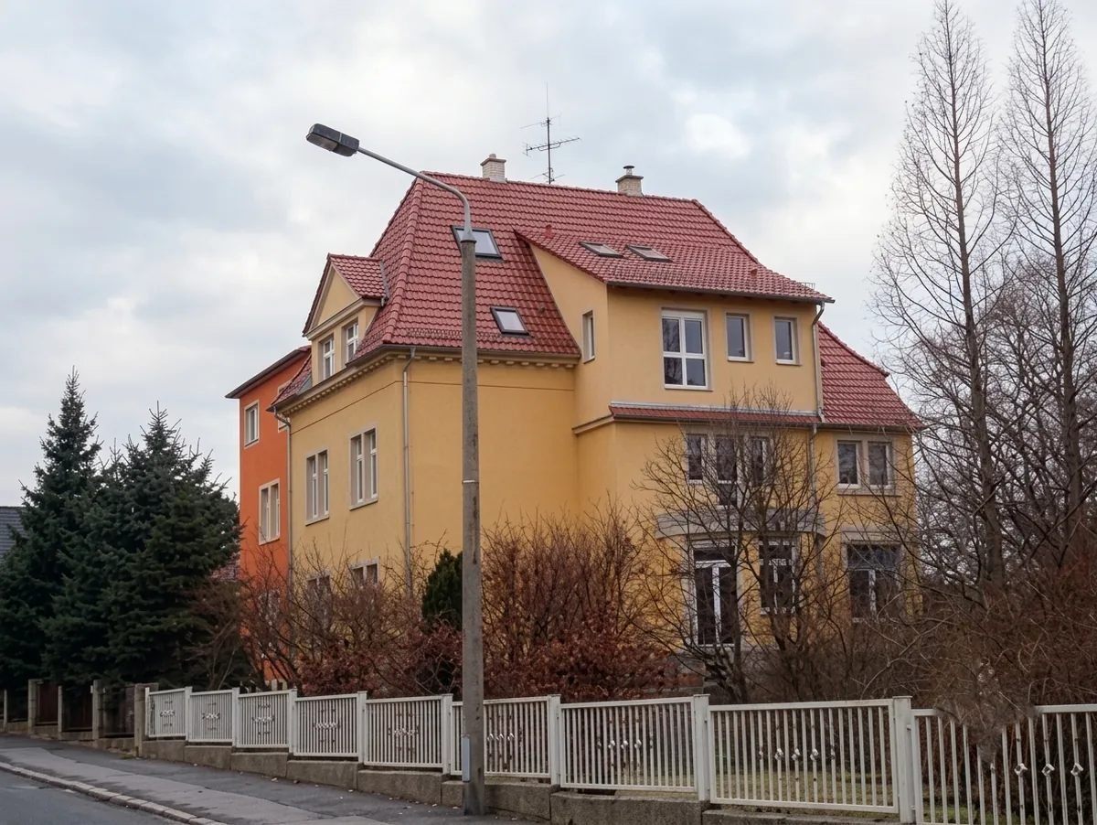 Stadtvilla mit rotem Ziegel-Walmdach und Gauben