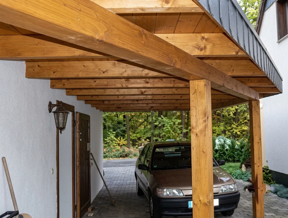 Unteransicht der Holzkonstruktion eines Carports